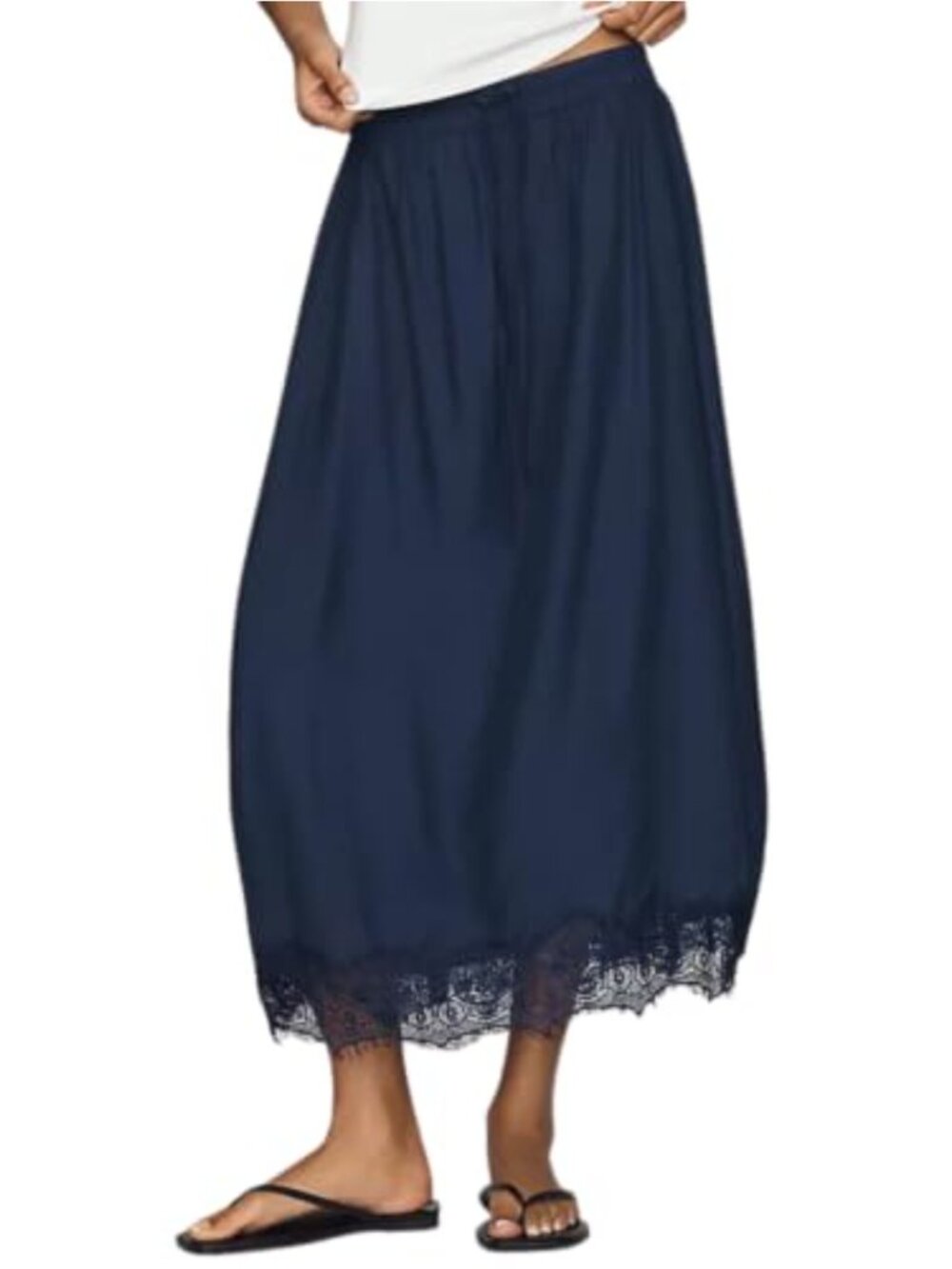 Rayon Nylon Lace Hem Midi Skirt High Waist with Pockets